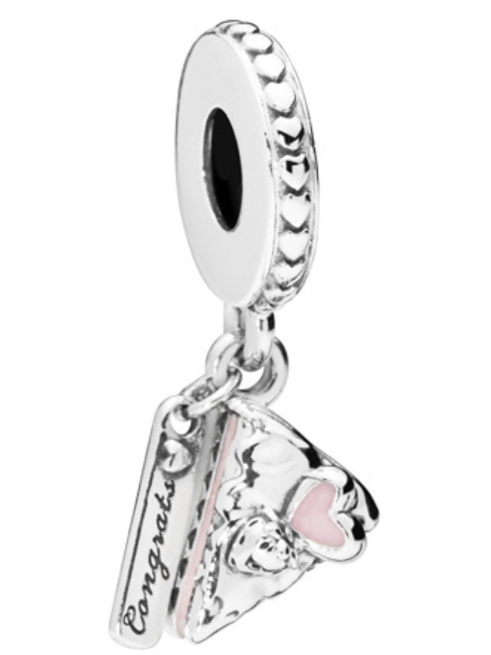 Silver 'Congrats' cake  Dangle Charm with Pink Heart Accent